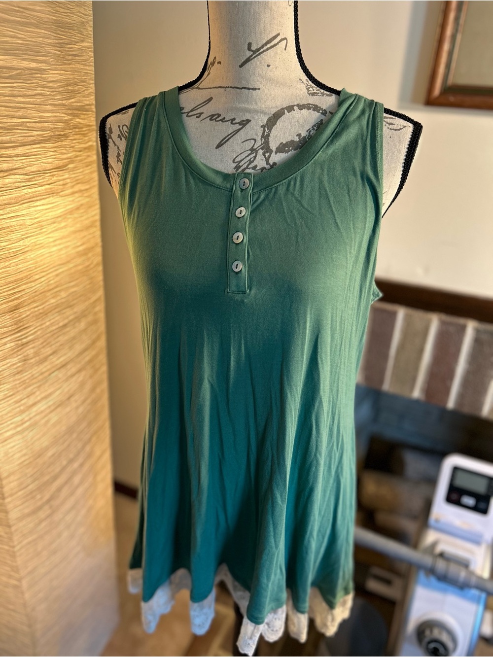 LOGO by Lori Goldstein Teal Henley Chemise with Lace Hem